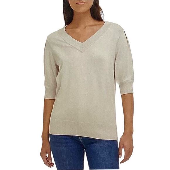 NWT DKNY Sweater Puff Sleeves V-Neck Lightweight Knit Birch Cream Womens XXL - Picture 1 of 8